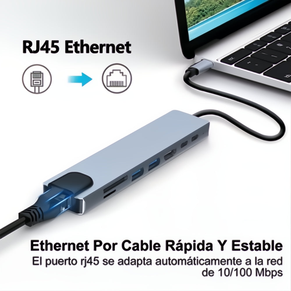 Hub Adaptador Multi Tipo C 8 En 1 Usb C A Hdmi Con Ethernet
