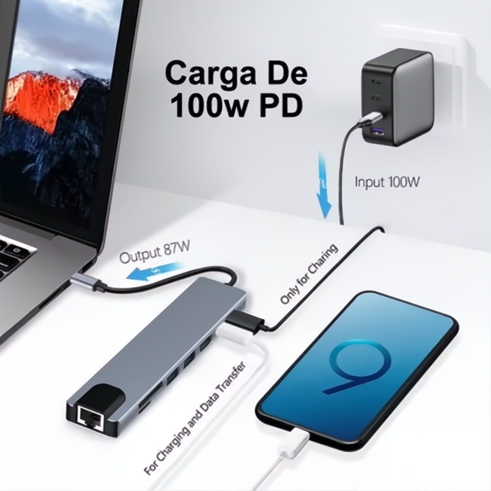 Hub Adaptador Multi Tipo C 8 En 1 Usb C A Hdmi Con Ethernet