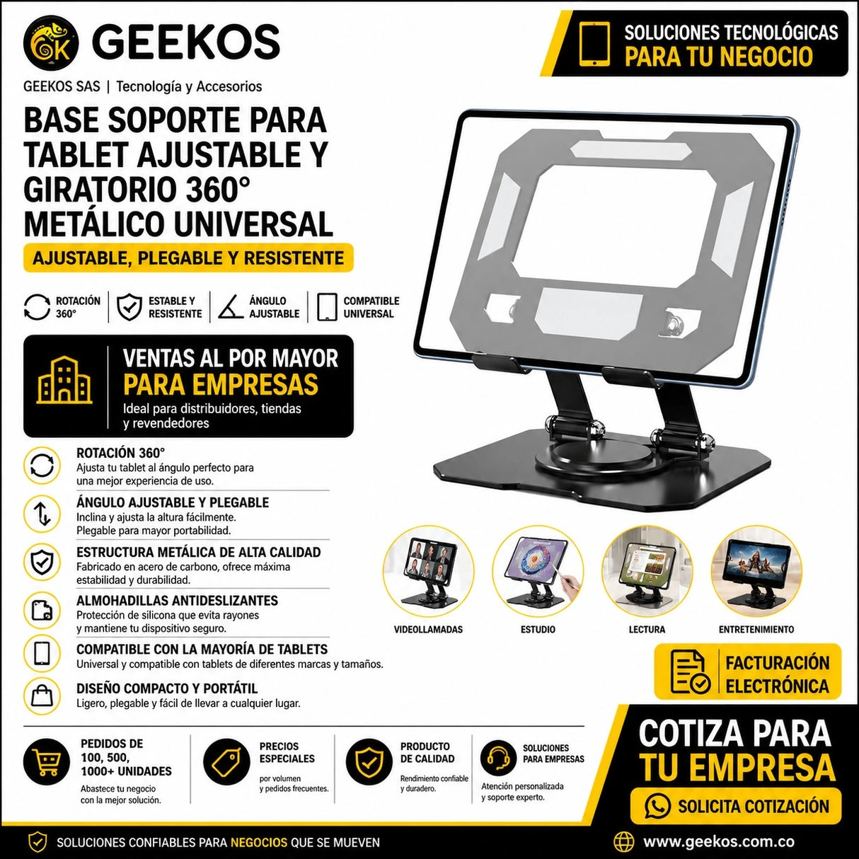 Base Soporte para Tablet Ajustable y Giratorio 360° Metalico Universal