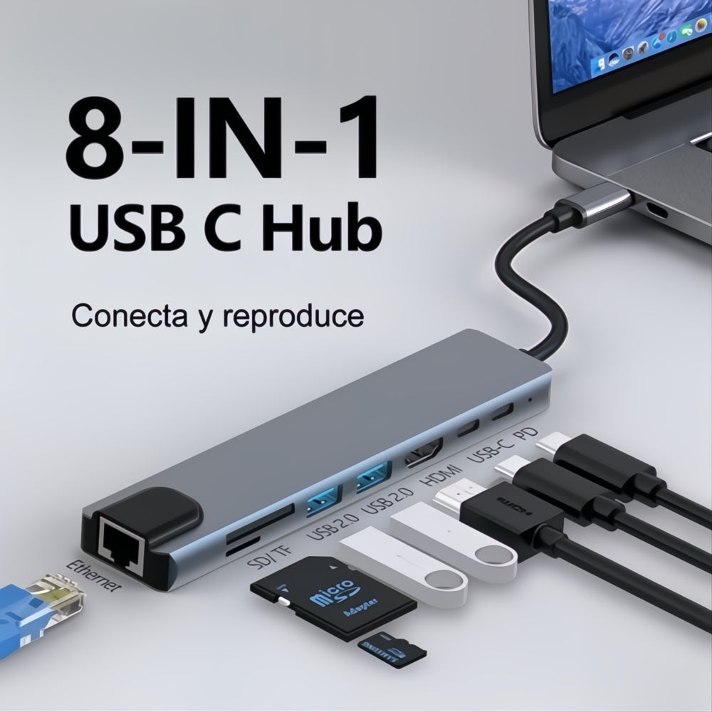 Hub Adaptador Multi Tipo C 8 En 1 Usb C A Hdmi Con Ethernet