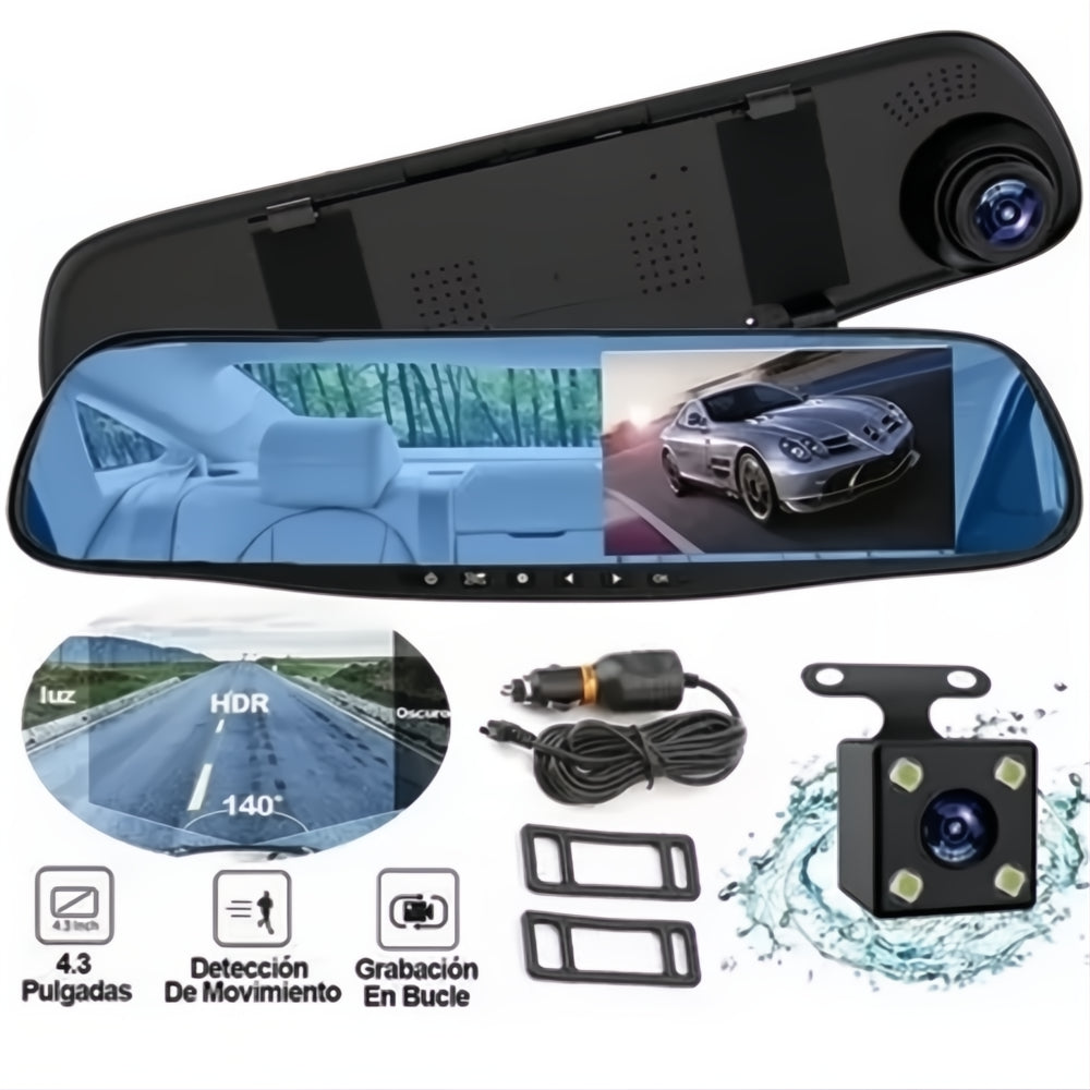 Espejo Retrovisor Dvr Universal 2 Camaras Delantera Reversa