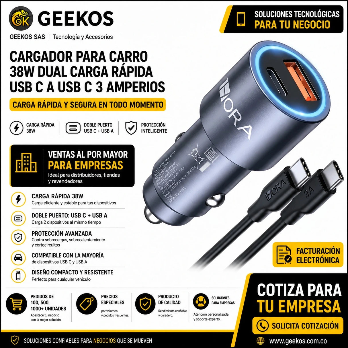 Cargador Para Carro 38w Dual Carga Rápida Usb C A Usb C 3 Amperios
