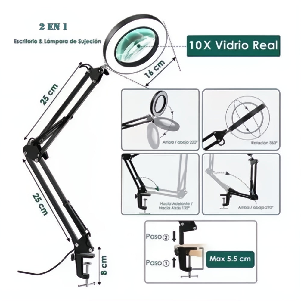 Lámpara Escritorio Led Lupa 3 Tonos Brazo Articulado Lectura