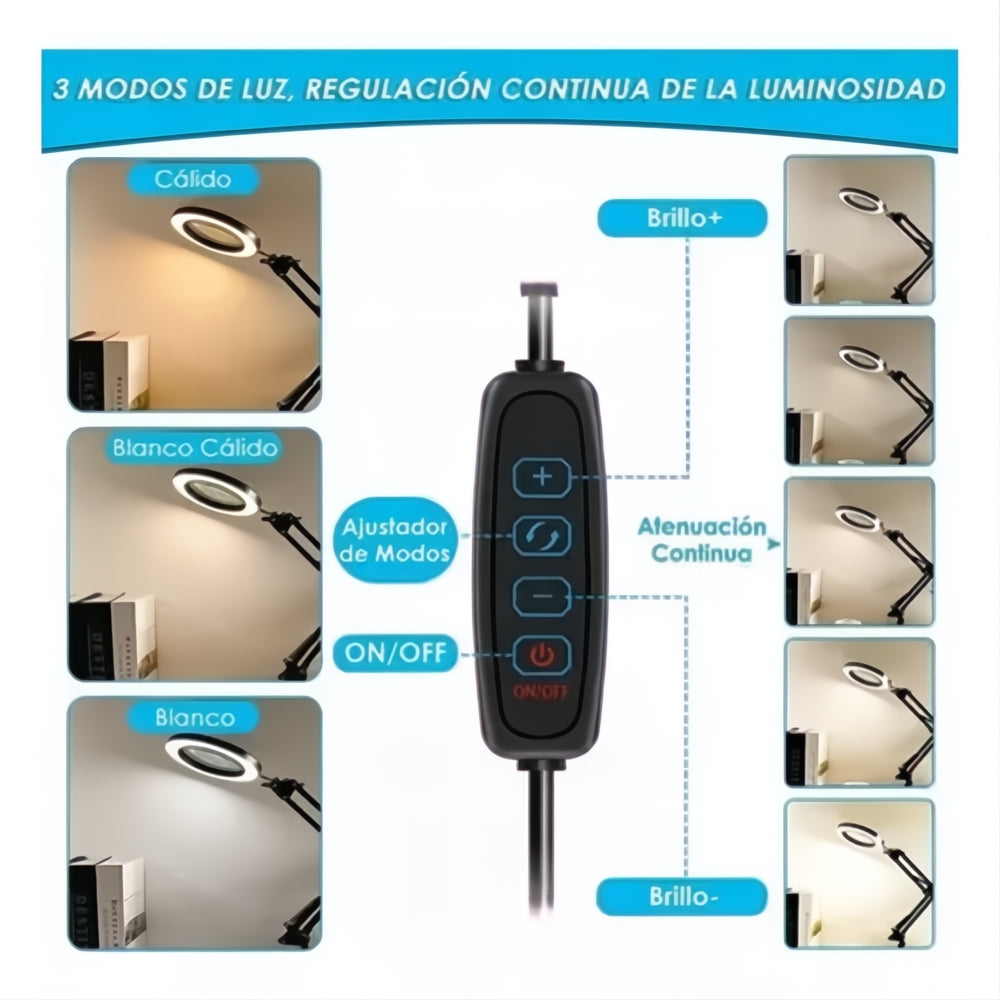 Lámpara Escritorio Led Lupa 3 Tonos Brazo Articulado Lectura