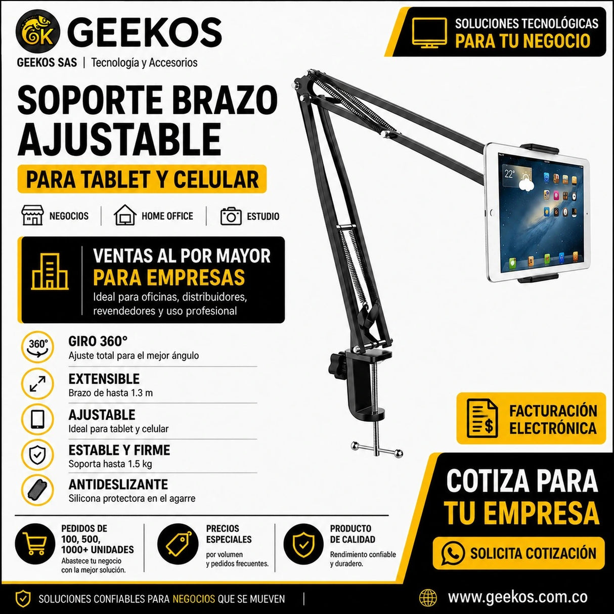 Soporte Brazo Base Ajustable Metálico Para Tablet y Celular