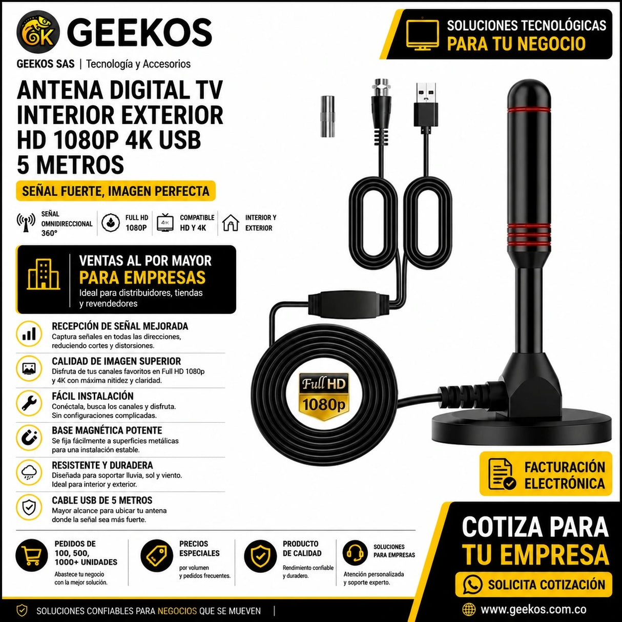 Antena Digital Tv Interior Exterior Hd 1080p 4k Usb 5 Metros