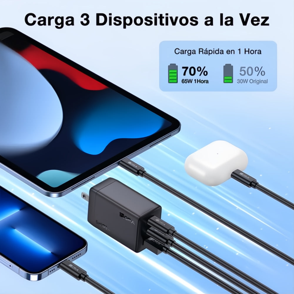 Cargador Super Turbo 65w 3 En 1 Universal Carga Rápida