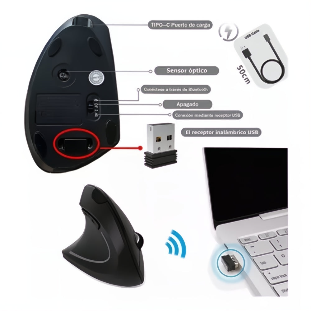 Kit Mouse Vertical Inalámbrico Recargable Con Soporte Muñeca