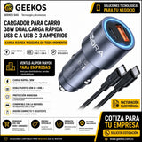 Cargador Para Carro 38w Dual Carga Rápida Usb C A Usb C 3 Amperios