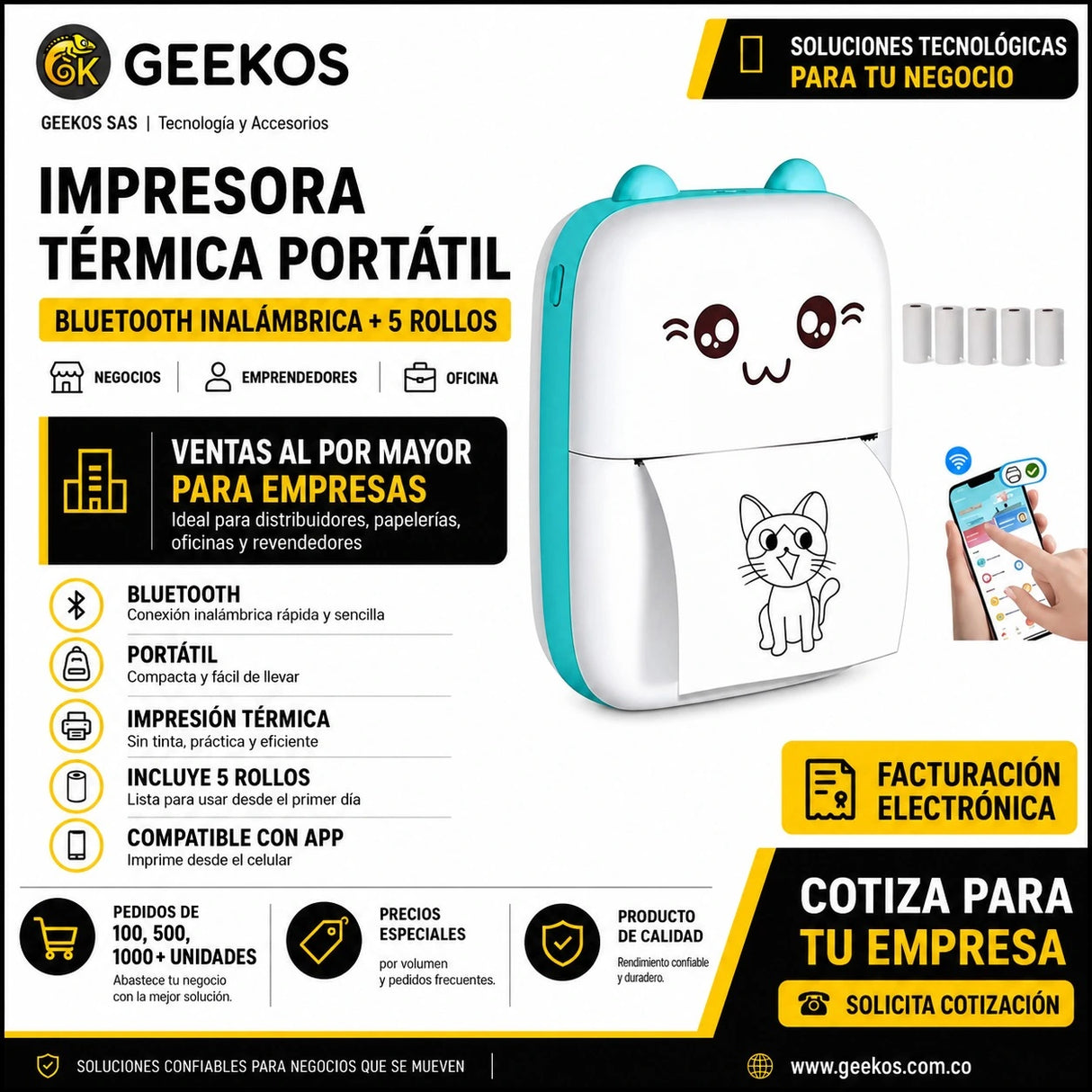 Impresora Térmica Portátil Bluetooth Inalámbrica + 5 Rollos