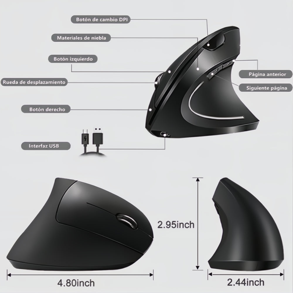 Kit Mouse Vertical Inalámbrico Recargable Con Soporte Muñeca