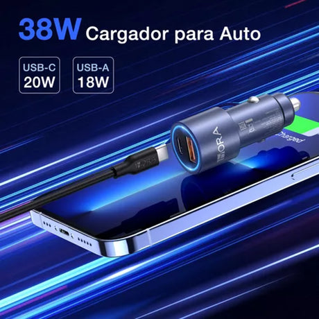 Cargador Para Carro 38w Dual Carga Rápida Usb C A Usb C 3 Amperios